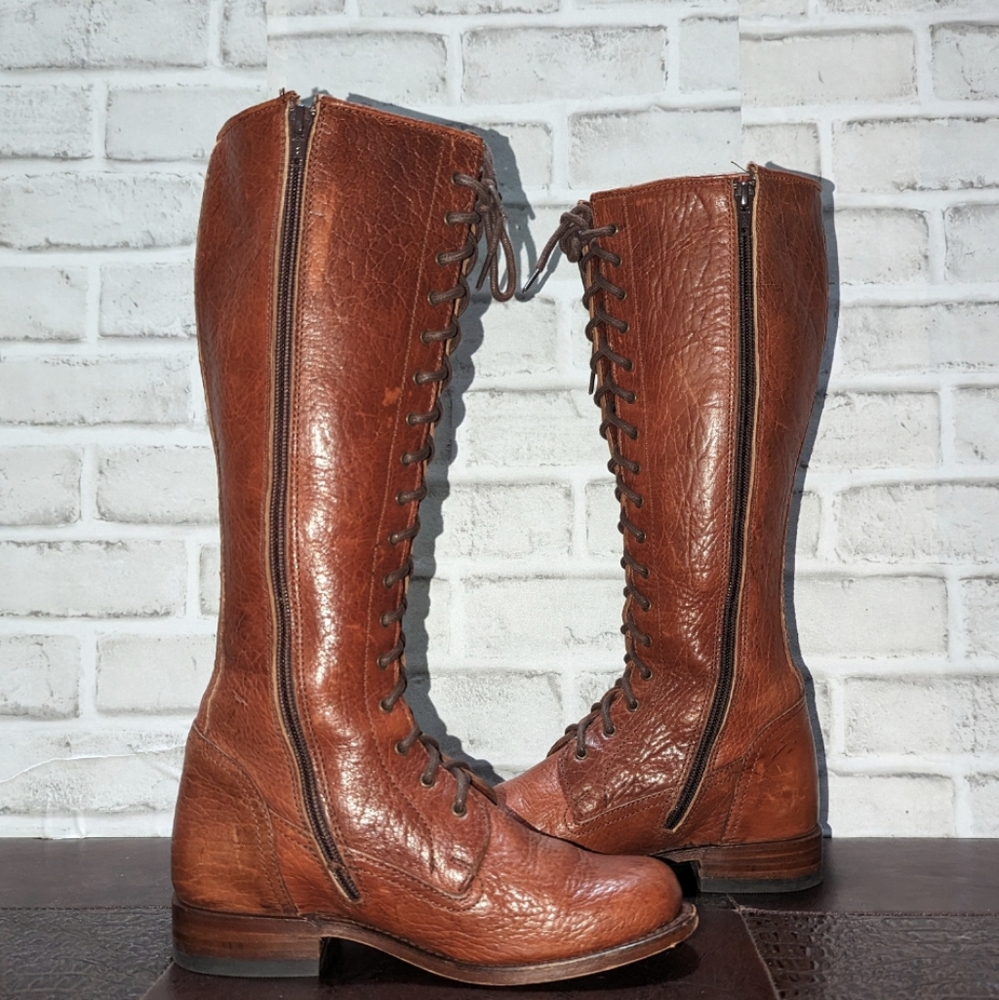 Vntg Frye Vienna Tall Brown Genuine Leather Lace Up Knee High Vintage Zip Boots - Picture 8 of 15